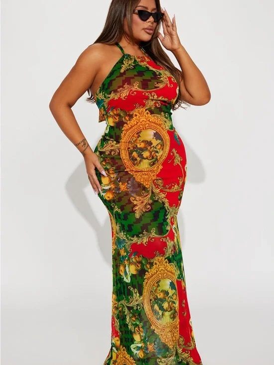 Fiona Mesh Halter Neck Red & Green Baroque Print Maxi Dress - Picture 4 of 5